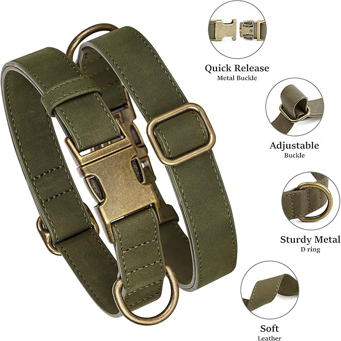 Didog Soft PU Leather Dog Collar, Stylish Quick Released Dog Collar for Large Dogs, Easy Clean Adjustable Pet Collar for Daily Walking, Dark Green, L Fit 15-23" Neck