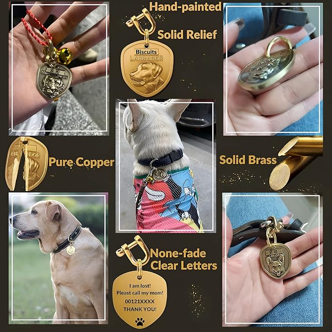 Vintage Pure Copper Personalized Dog Tags, Three-Dimensional Relief Pet Pattern, Custom Tags (A13-Chinese Rural Dog)