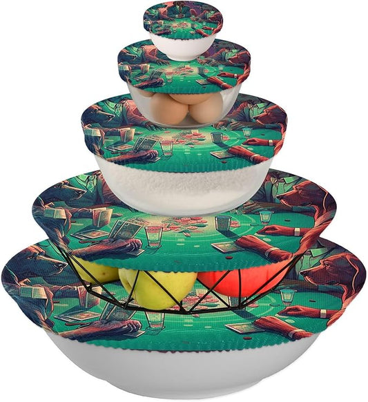 XYMZR Dogs Playing Poker Neon Reusable Bowl Cover for Food Storage – Set of 5 in Varying Sizes Easily Fit Your Bowls 3.9" to 11.8", Machine Washable, Elastic Stretch
