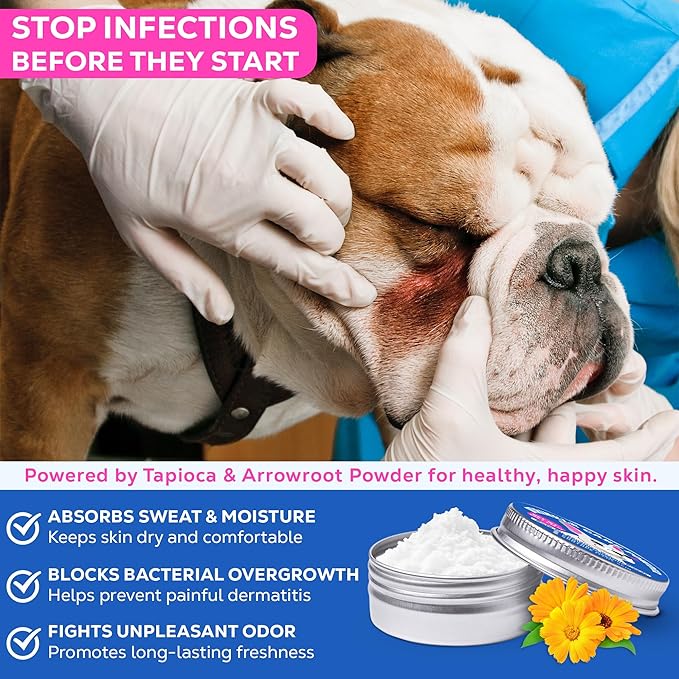 Bulldog Wrinkle Care Powder - Moisture & Odor Control Absorb Tears - Natural Soothing Formula with Arrowroot & Calendula - for Face Wrinkles, Skin Folds, Tail Pockets & Butt, with Face Brush- 50 g