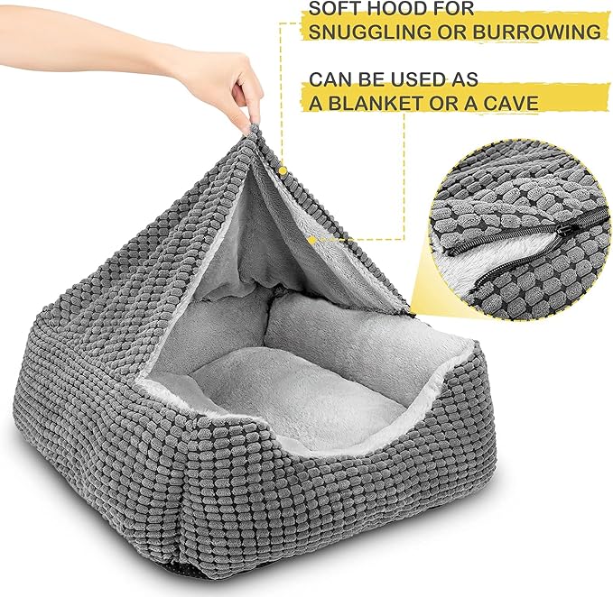 GASUR Dog Beds for Small Medium Large Dogs with Cover Cave, Rectangle Hooded Dog Puppy Bed with Blanket, Cozy Anti-Anxiety Cat Beds for Indoor Cats, Anti-Slip Bottom and Machine Washable (20", Grey)