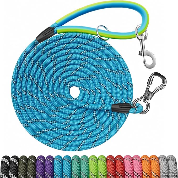NTR Extra Long Dog Leash, 50FT Puppy Rope Lead, with 2 Swivel Hooks, Reflective Threads and Comfortable Padded Handle, Leash for Walking, Hunting, Camping, Backyard for Small Medium and Large Dogs