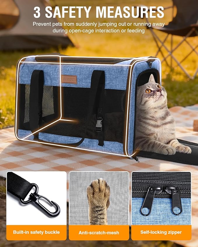 PETUX Large Cat Carrier for Cats ＆ Puppy Up to 20Lb - Top & Side Entry, 4 Side Breathable, Foldable Soft Sided Dog Carrier with Safety Car Seat Buckle & Anti-Scratch Mesh for Car, Travel ＆ Vet - Blue