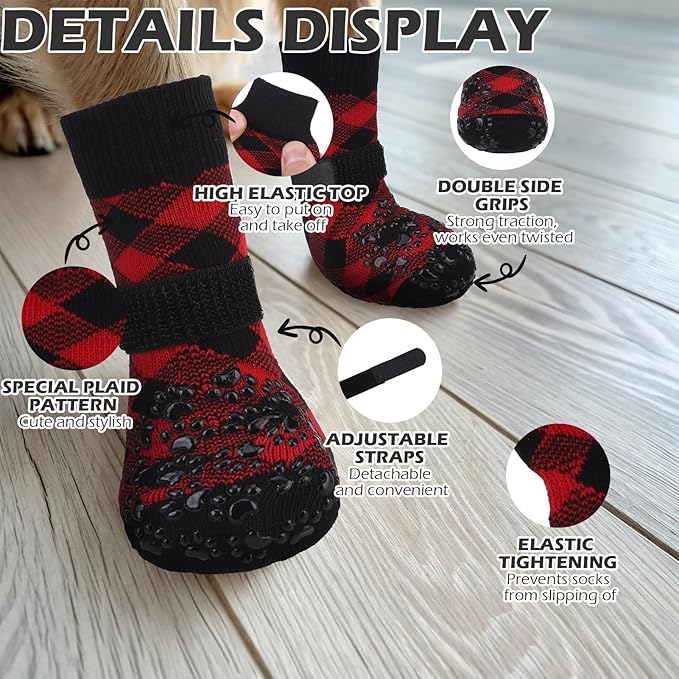 EXPAWLORER Dog Socks for Cold Winter Snow to Prevent Licking Paws, Anti Slip Doggie Booties Grippy Shoes for Hardwood Floors, Boots & Paw Protectors for Small Medium Large Senior Dogs Red Black XS