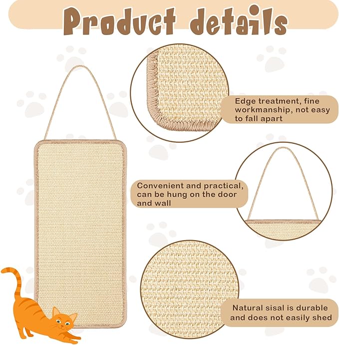 2 Pack Sisal Door Cat Scratching Mat Double Use Hanging Scratcher Wall Floor Mount Cat Scratch Mat Kitty Scratching Pad for Indoor Kitten with Hemp Rope, 7.87"x19.69"(Regular,Natural)