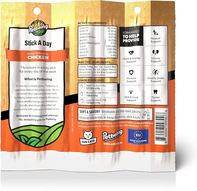 PETBEING Stick a Day Cats | Specially Formulated 7-in-1 Functions Daily Real Meat Supplement for Cats | Cat Chew Stick & Pet Vitamins Supplements Combination (7-Pack x 4, Chicken)