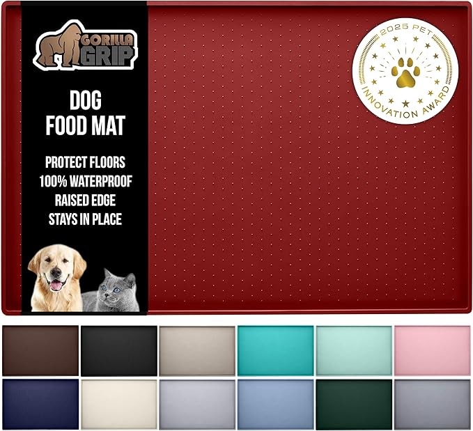GORILLA GRIP 100% Waterproof Raised Edge BPA Free Silicone Pet Feeding Mat, Dog Cat Food Mats Contain Spills Protects Floors, Placemats for Cats and Dogs Water Bowl, Pets Accessories 18.5x11.5 Red