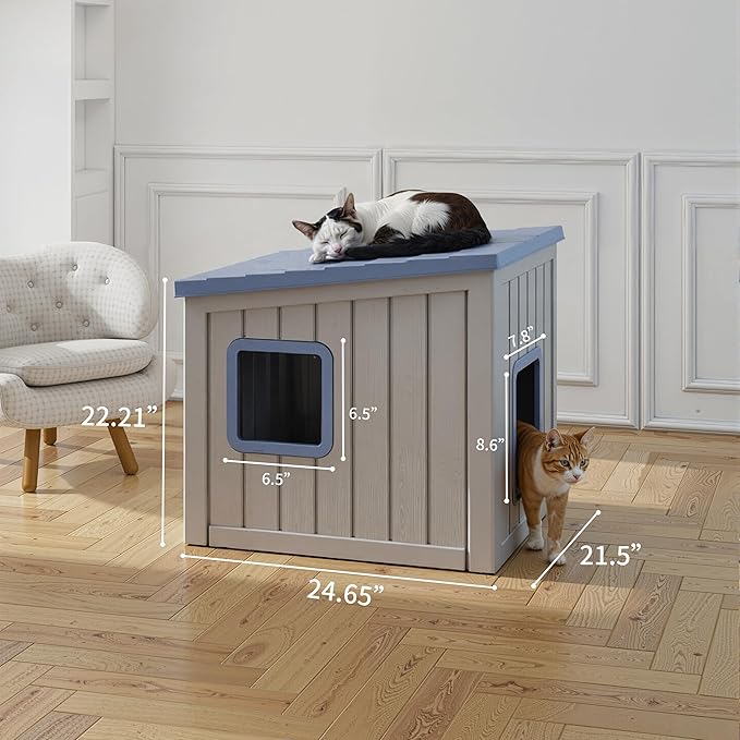 Cat House Outdoor Waterproof,Resin Cat Shelter Feral,Easy to Clean Durable Slanted Top,Cat Bed for Cats and Easy to Assemble (Blue, 24.65 * 21.5 * 22.21in)