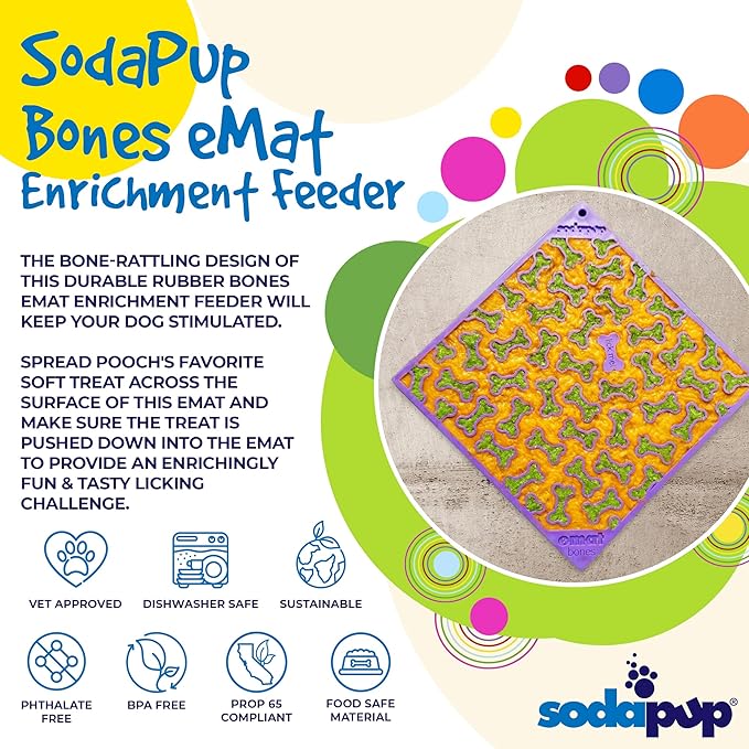 SodaPup Bones eMat – Durable Lick Mat Feeder Made in USA from Non-Toxic, Pet-Safe, Food Safe Rubber for Mental Stimulation, Avoiding Overfeeding, Fresh Breath, Digestive Health, Calming, & More