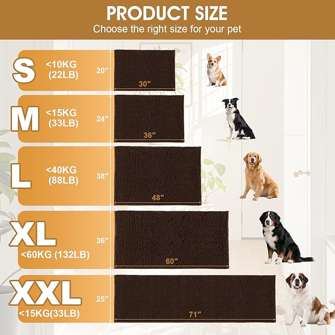 Extra Large Dog Door Mats for Muddy Paws, 71" x 25" Chenille Absorbent Mud Mat for Dogs, Non Slip Heavy Dog Rugs For Muddy Paws, Soft Indoor Door Mat for Entryway, Mud Paw, Inside Floor, Brown
