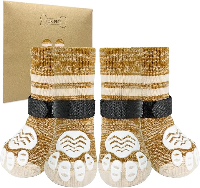 PUPTECK Anti-Slip Dog Socks with Double Sides Grips Booties, Traction on Hardwood Floors to Prevent Licking Paws, Dog Shoes for Cold Hot Pavement, for Medium Large Senior Dogs, Khaki M