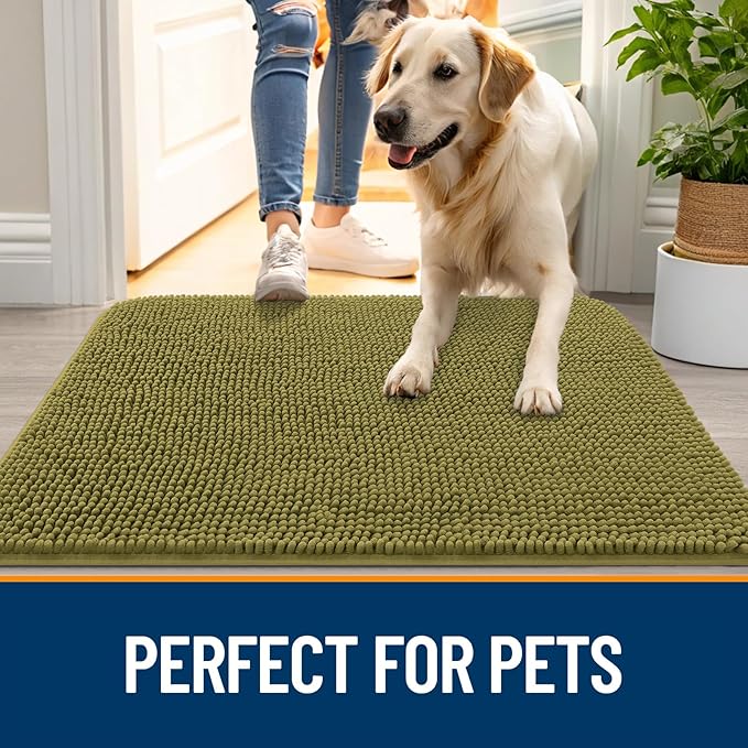 OLANLY Dog Door Mat for Muddy Paws 24x16, Absorbs Moisture and Dirt, Absorbent Non-Slip Washable Doormat, Quick Dry Chenille Mud Mat, Entry Indoor Entryway Carpet for Inside Floor, Willow Green