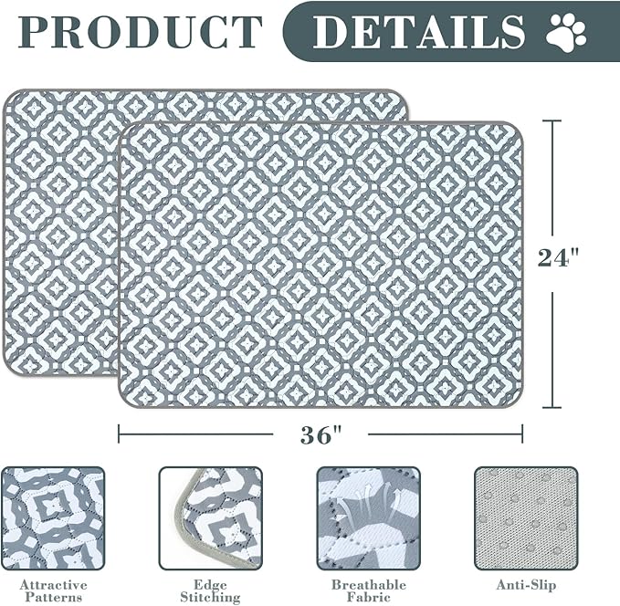 Washable Pee Pads for Dogs, 2 Pack Reusable Puppy Pads Absorbent Training Pads for Dogs Waterproof Dog Mat Non-Slip Whelping Pet Mat