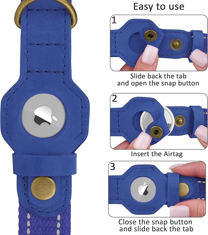 Reflective Leather Dog Collar with AirTag Holder - Soft Apple Airtag Dog Collar with Metal Buckle - Safety Cotton Pet Collars for Dogs Small Large Dogs Puppy (Blue, S, 12"-15")