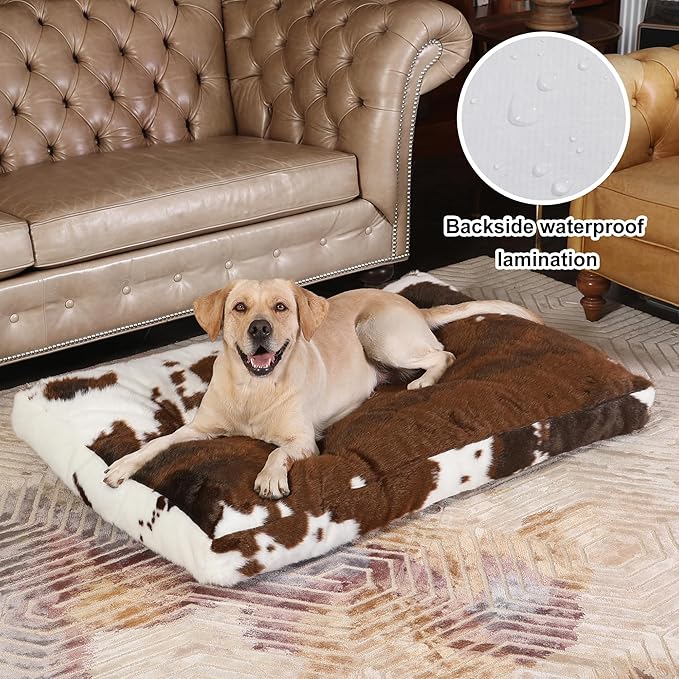 Bedfolks Waterproof Crate Bed, Plush Washable Cover, Faux Fur Pad for XXL Dogs, Fluffy Kennel Bed 47"x29", Cow Print
