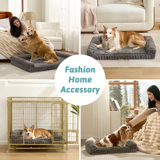 Cute Dog Bed for Medium Dogs, Faux Rabbit Fur Orthopedic Foam Dog Bed with Sides, Removable Washable Cover & Waterproof Lining, Comfortable Pet Couch, Grey (36" L x 27" W x 6.5" Th)