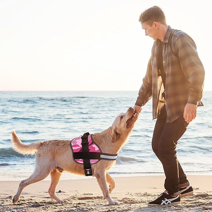 Dogline Dog Harness, Reflective No-Pull Adjustable Vest with Handle for Walking, Training, Breathable, No - Choke Harness for Small, Medium or Large Dogs Room for Patches Girth 33"-46" in Pink Camo