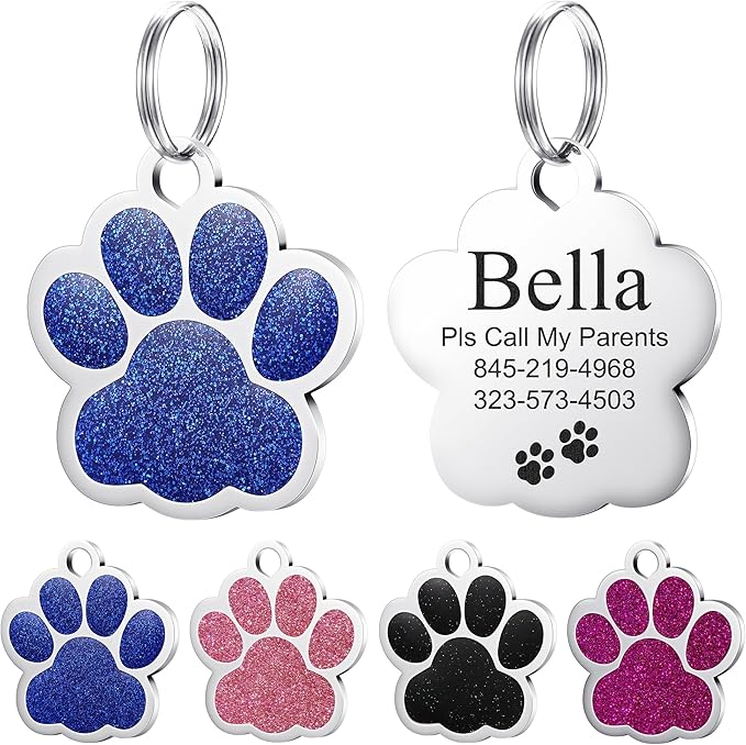 YEHANTI Dog Tags Personalized for Pets, Durable Stainless Steel Glitter Paw Print Pet ID Tags with 4 Line Texts and Icons Engraved, Custom Dog ID Tags and Name Tags for Large Small Dogs Cats (Blue)
