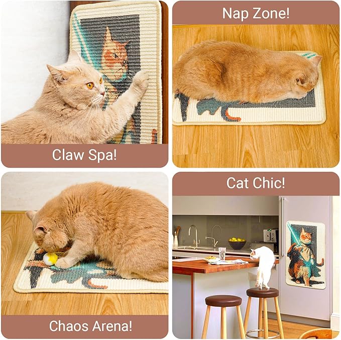 SOLDAY Sisal Cat Wall Scratcher 22x13 inch for Floor Wall Carpet Couch Furniture, Cat Scratching Posts with Velcro Tape, Anti Scratch Furniture Protector(Lightsaber Cat)