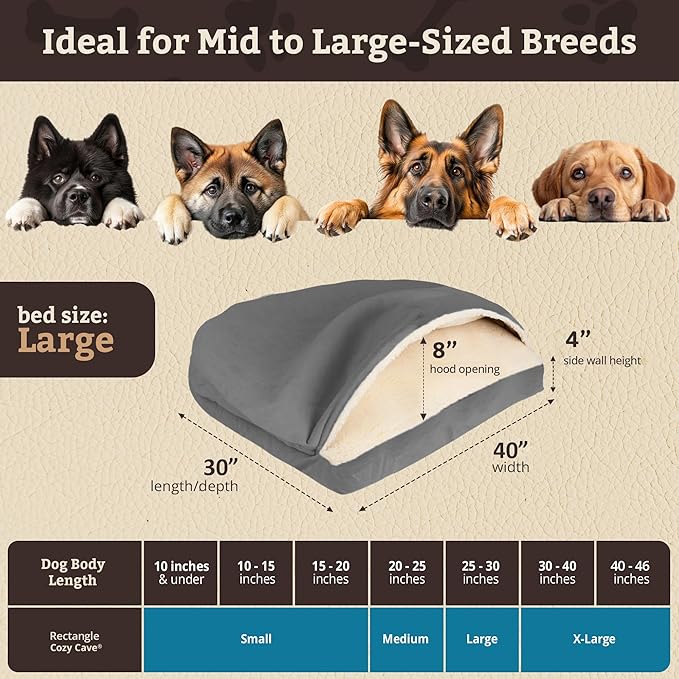 Snoozer Rectangle Cozy Cave Dog Bed - Indoor Dog Bed with Cover Cave, Covered Calming Burrow for Medium & Large Sized Pets with Blanket Attached, Enclosed, Washable Cover - Large, Heather Gray