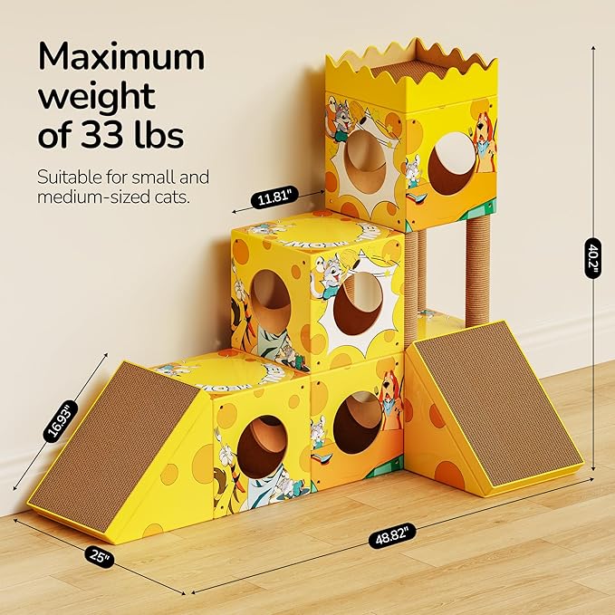 DIY Cat Tree, Multi-Level Cat Tower with Scratching Posts, Scratching Board, Tunnel & Playhouse for Kittens & Multiple Cats, Recyclable Cardboard, 48.8"×25"×40.2", Yellow Mouse