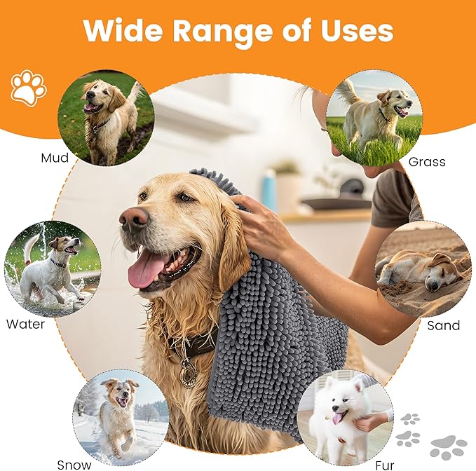 Smiry Chenille Dog Drying Towel, Extra Absorbent Bath Towel for Mud Dogs, Ultra Soft Quick Dry Pet Wash Mitt for Bathing, Grooming and Post-Walk Cleaning (31x13 Inches, Dark Grey)