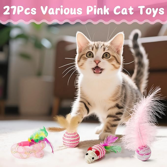 MALLMALL6 Cat Interactive Toys Set - 27Pcs Kitten Toys Stuff Pink Feather Teaser Wand Springs Mice Sisal Fish Crinkle Balls Bell Balls, Puzzle Pack for Indoor Kitty Play Exercise