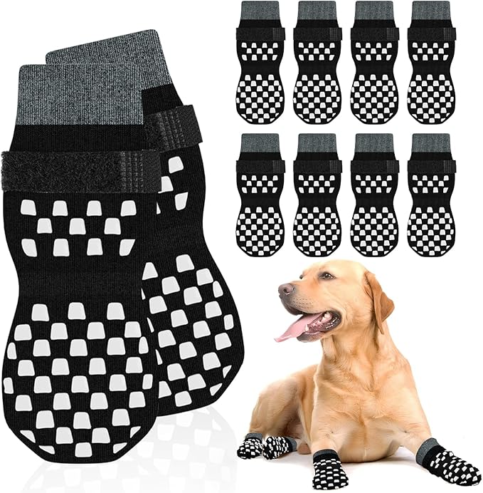 8 Pack Non Slip Dog Socks to Prevent Licking Paws Grippy Socks for Senior Dog on Hardwood Floors Anti Slip Dog Socks for Hot Pavement Double Side Paw Protector Prevent Scratching Black S