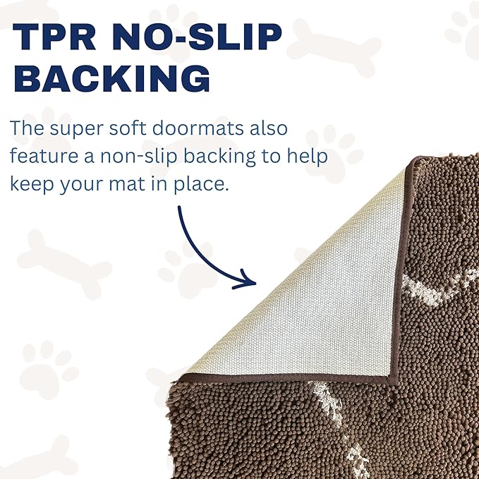 Soggy Doggy Doormat with Bone Design - Ultra Absorbent Microfiber Chenille Wet Dog Mat for Muddy Paws - Non-Slip and Machine Washable (Navy Blue/Oatmeal Bone, Extra-Large 36” x 60”)