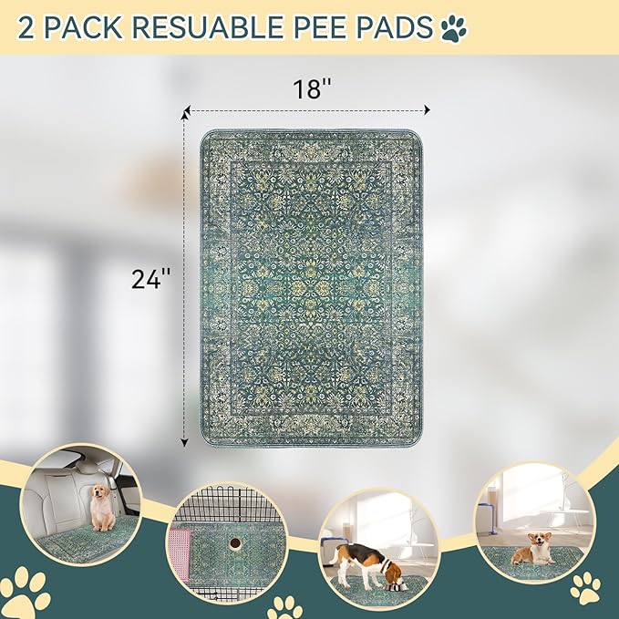 Washable Pee Pads for Dogs, 2 Pack 18'' x 24'' Reusable Non-Slip Puppy Pads with Super Absorbent, Waterproof Rug for Training Travel Whelping Housebreaking Incontinence Crate