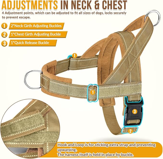 SlowTon No Pull Dog Harness - Heavy Duty Dog Harness and Leash Set for Medium Large Dogs, Reflective Tactical Harness with Soft Padded and Front Clip for Easy Walk and Training (Tan M)