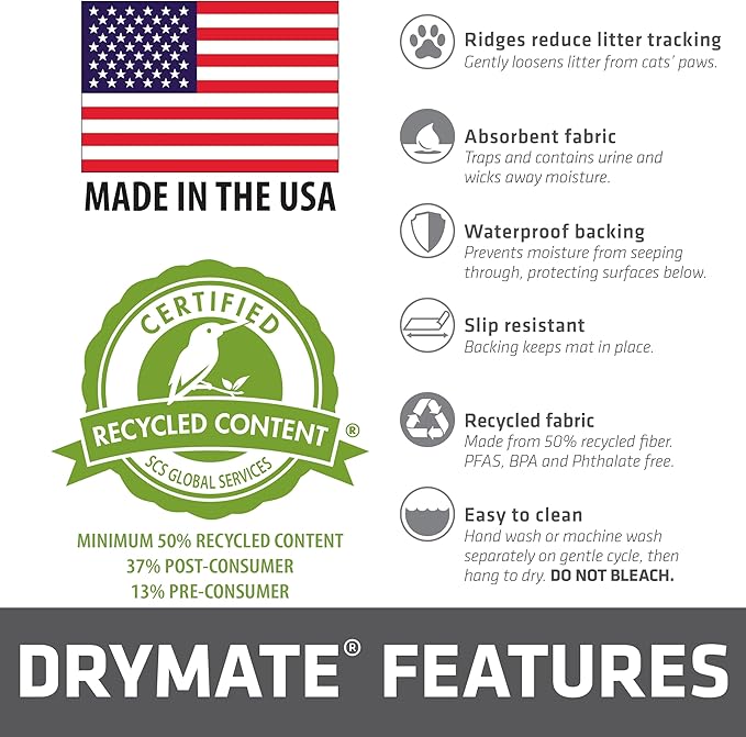 Drymate Jumbo Cat Litter Trapping Mat, (Ridged Design), Traps Litter & Mess from Box, Soft on Kitty Paws, Absorbent, Waterproof, Urine-Proof, Machine Washable, Durable, (USA Made) (36" x 47")