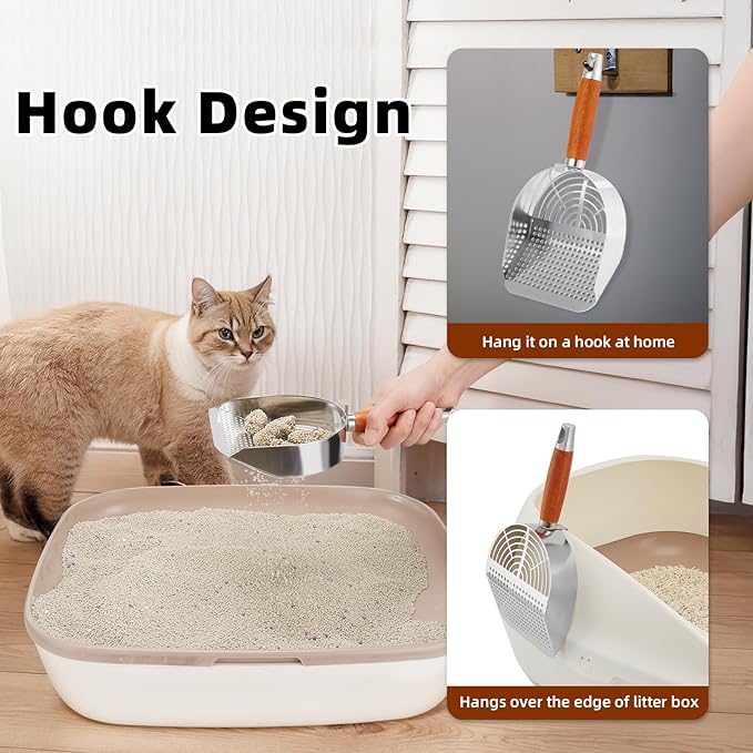 Ownpets Stainless Steel Cat Litter Scoop with Stand - Durable Wood Handle, Double-Wide Holes, Quick-Filter Design, Easy to Clean
