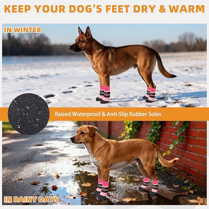 KOOLTAIL Anti Slip Winter Dog Socks to Prevent Licking Paws, Waterproof Snow Rain Long Dog Boots&Paw Protector, Warm Grippy Booties Reflective Double Straps for Hardwood Floor, Small Medium Large Dogs