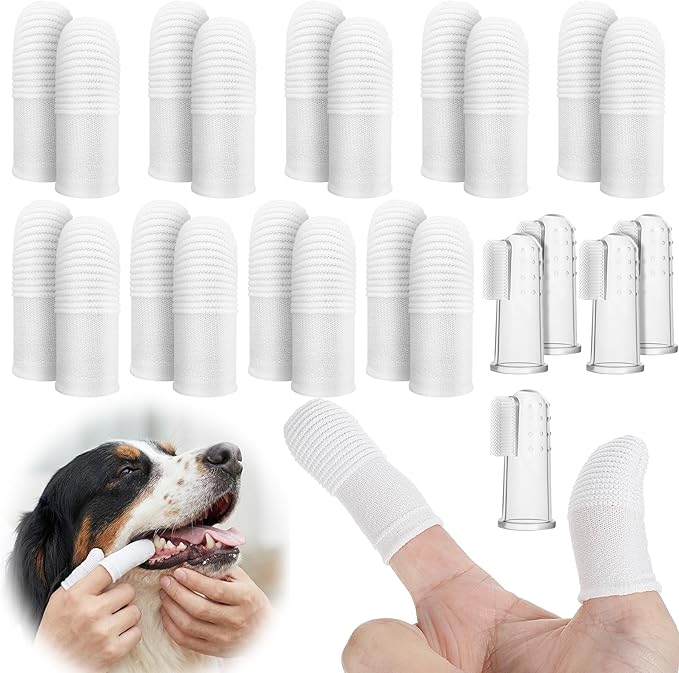 25Pcs Cat & Dog Toothbrush Finger Set for Dog & Cat, Reusable Soft Fabric Finger Toothbrush Kit Washable Oral Cleaning Wipes for Puppies Kittens at Home Dental Care (White and Clear)