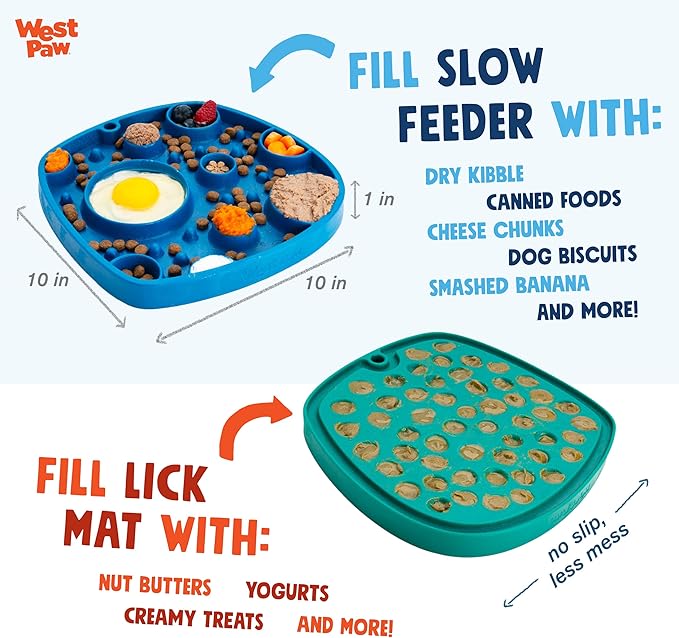 West Paw Seaflex Waves Feast Mat – All-in-One, Slow Feeder, Lick Mat – Encourages Foraging & Food Exploration - Engages Picky Eaters & Slow Feeding - Versatile – Easy to Clean, Non-Toxic - Marine