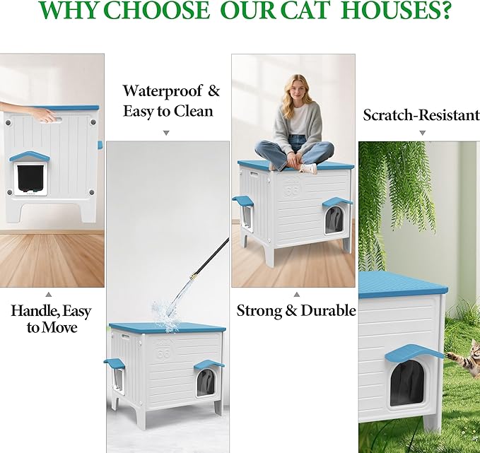 Deblue Outdoor Cat House Weatherpoof Large Plastic Cats Houses with Escape Door Indoor Waterproof Feral/Pet Cat Shelter Outside for Multiple Cats (Blue)