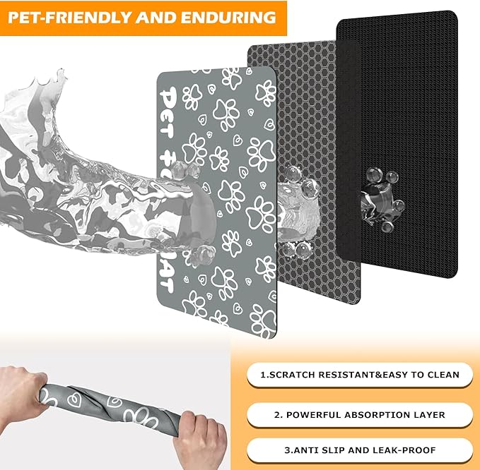 Dog Food Mat Absorbent,16"×24" Pet Mat for Floors Waterproof Quick Dry Dog Bowl Mat for Food and Water No Stains Non Slip Cat Feeding Mat Pet Supplies Paw Dark Gray