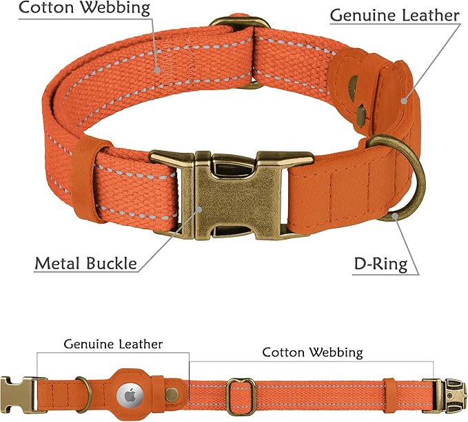 Reflective Leather Dog Collar with AirTag Holder - Soft Apple Airtag Dog Collar with Metal Buckle - Safety Cotton Pet Collars for Dogs Small Large Dogs Puppy (Orange, M, 14"-18")