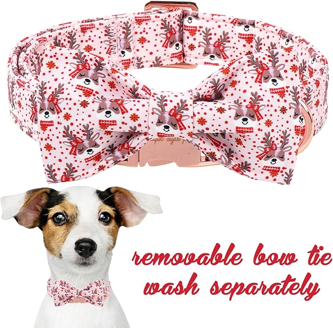Unique Style Paws Christmas Dog Collar with Bow Red Pink Elk Cotton Puppy Collars for Small Medium Large Dogs