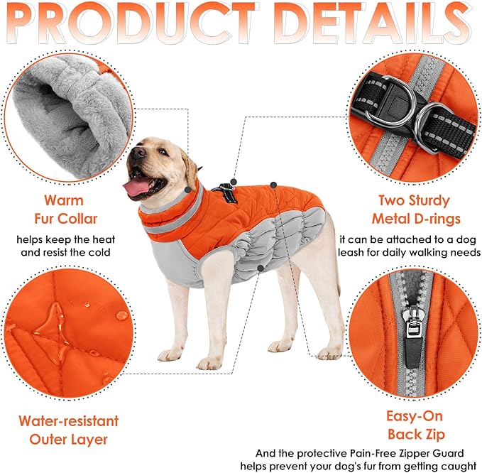 AOFITEE Dog Coat, Warm Dog Jackets for Small Dogs, Dogs Winter Coat with Harness Built in, Reflective Pet Winter Jacket, Waterproof Windproof Puppy Puffer Jacket Fleece Vest, Orange XS