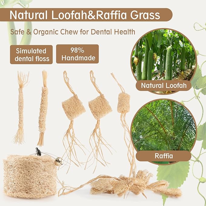 Natural Loofah Raffia Cat Chew Toy-7pcs Handmade Gum Massage Teether w/ Cat Wand Toy, Kitten Chew Stick, Interactive Teeth Cleaning Toys for Aggressive Chewers, Safe Kitten Bite Relief & Stress Relief