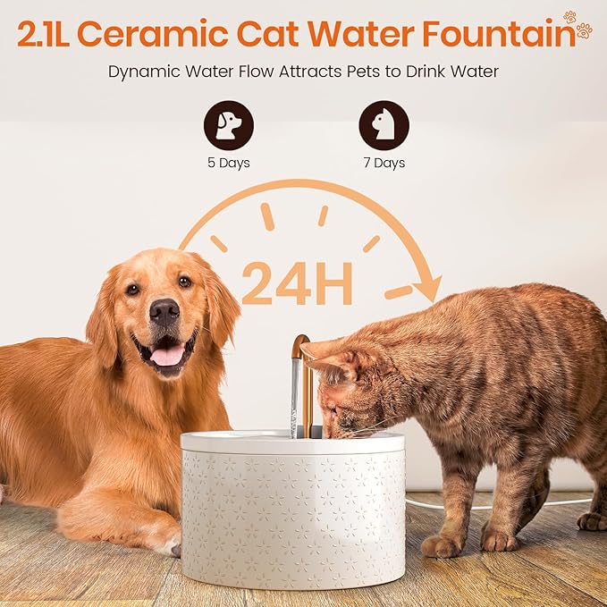 MISFANS Ceramic Cat Water Fountain - 2.1L/71oz - Firework Embossed All-Ceramic Body & Pure Copper Spout - Non-Toxic & Automatic Pet Drinking Fountain Indoor with Ultra-Quiet Pump, 3 Filters & Sponge