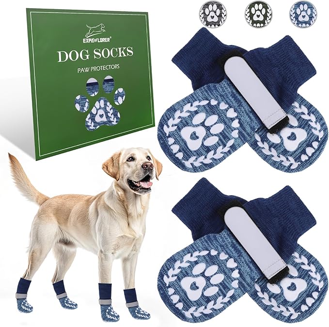 EXPAWLORER Dog Socks to Prevent Licking and Slipping, Winter Dog Shoes for Cold Weather Snow, Paw Protectors for Hardwood Floors Anti-Slip, Dog Booties for Small Medium Large Senior Dogs, Navy Blue L
