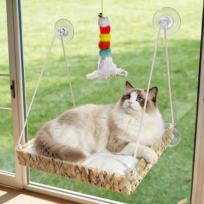 Cat Window Perch with Industrial-Grade Suction Cups and Ball Toy, Cat Window Hammock - 45 lbs Capacity, Handwoven Straw Sturdy Hanging Bed Seat Soft Cushion for Large Heavy Cats