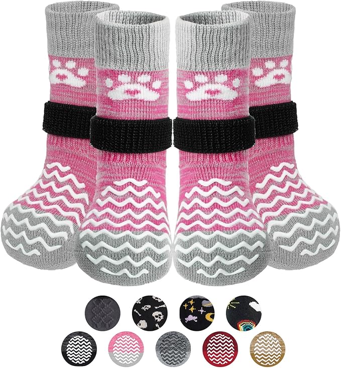 PUPTECK Anti Slip Dog Socks 2 Pairs with Double Grippers for Hardwood Floors, Shoes for Hot/Cold Pavement, Boots & Paws Protectors to Prevent Licking, Traction Booties for Senior Small Large Dogs