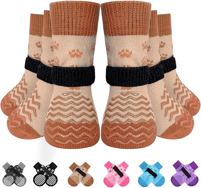 EXPAWLORER 6Pcs Anti Slip Dog Socks to Prevent Licking Paws, Dog Shoes for Winter, Double Sides Dog Boots & Paw Protectors Booties for Hardwood Floors with Grippers Small Medium Large Senior Dogs, XS