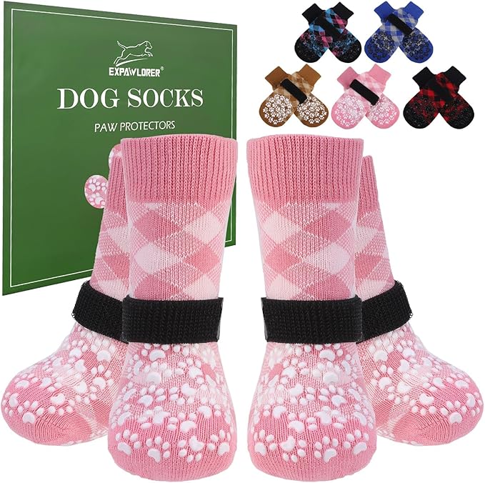 EXPAWLORER Dog Socks for Cold Winter Snow to Prevent Licking Paws, Anti Slip Doggie Booties Grippy Shoes for Hardwood Floors, Boots & Paw Protectors for Small Medium Large Senior Dogs Pink XS