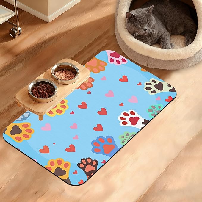 Pet Feeding Mat,Dog Paws Absorbent Dog Cat Food Mat Cute Cat Dog Mat with Rubber Backing,Non-Slip Water Bowl Placemat,Pet Supplies 12" x 20"
