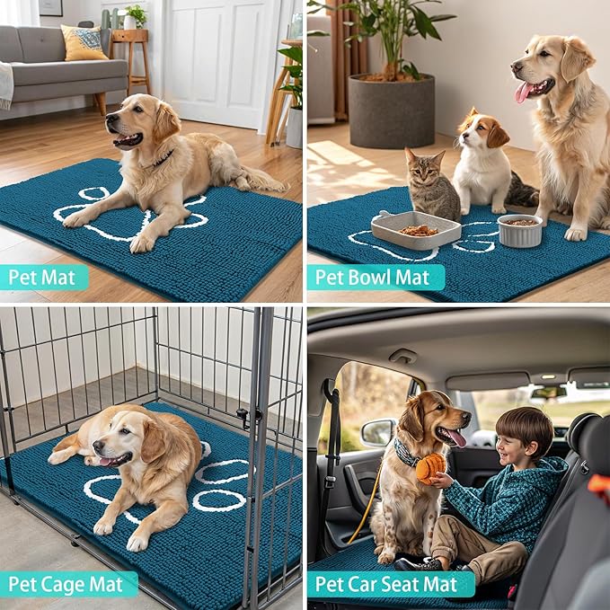 Smiry Dog Door Mat for Muddy Paws, Absorbent Dirt Trapper Non Slip Quick Dry Washable Chenille Mat for Mud Dogs, Entry Rug for Indoor and Outdoor (48x30 Inches, Atlantic Blue and White)